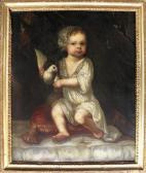 Portrait Of A Young Boy Holding A
 Dove Seated On A Cushion And Another Of A Young Boy Feeding A Parrot - view 1
