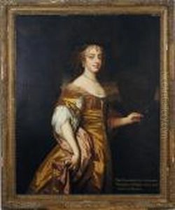 Portrait Of The Countess Of 
Northumberland, Standing Three-quarter Length, In A Gold Dress And 
Pearls, In A Landscape