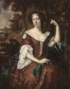 Portrait Of A Lady, 
Three-quarter-length, In A Brown Dress With A Blue Wrap, Seated In An 
Extensive Wooded Landscape