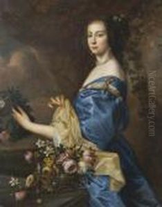 Portrait Of A Lady In Blue With Flowers by Sir Peter Lely