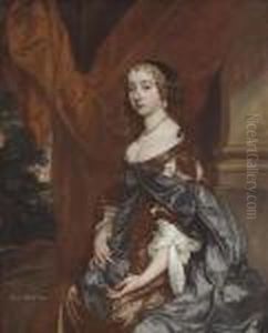 Portrait Of Lady Mary Fane,
Seated Three-quarter-length, In A Browndress And Blue Robe, A Red
Curtain Behind Her, A Landscapebeyond by Sir Peter Lely