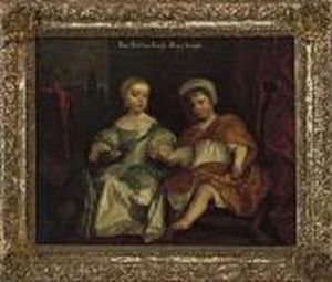 Portrait Of Two Children,
Traditionally Identified As Princecharles (1630-1685) And Princess Mary
(1631-1660), Seatedfull-length In White Gowns, She With A Blue Wrap And
He With A Goldcloak, A Dog At Their Side, With A Cushion Curtain
Background by Sir Peter Lely
