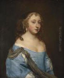 Portrait Of A Lady, Half-length, In A Blue Dress And Pearlearrings