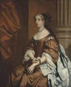 Portrait Of Lady Mordaunt,
Three-quarter-length, Seated, In A Browndress And Oyster Satin Wrap, By A
Column by Sir Peter Lely