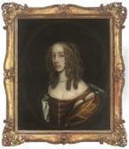 Portrait Of A Lady, Half-length, In A Brown Dress With A Blue Wrap,in A Feigned Oval