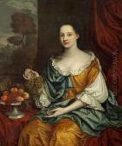 A Portrait Of A Lady In A Gold Dress With Ablue Drape, Seated, Holding Grapes by Sir Peter Lely