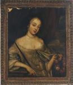 Portrait Of A Lady, Half-length,
 In A White Dress And Blue Shawl,with A Garland Of Roses, A Seascape 
Beyond