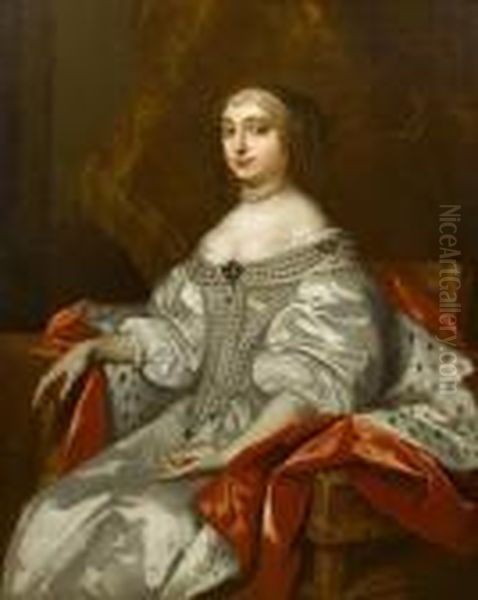 Portrait Of Anne Hyde, Duchess
Of York, Threequarter Length, Wearing A White Dress And Ermine-lined
Cape, Seatedbeside A Curtain - view 1
