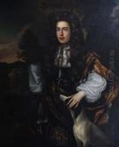 A Gentleman, Three-quarter 
Length, Standing,his Left Hand Resting On A Favourite Hound, In A Park 
Setting