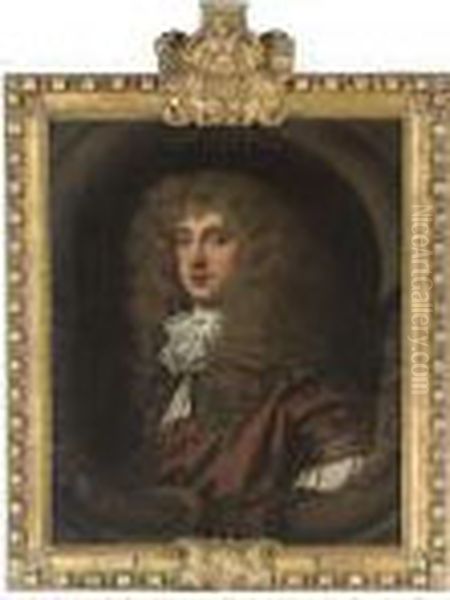 Portrait Of A Gentleman,
Traditionally Identified As Christophermonck, 2nd Duke Of Albemarle
(1652-1688), Bust-length, In A Brownrobe And Lace Cravat, In A Sculpted
Cartouche - view 1