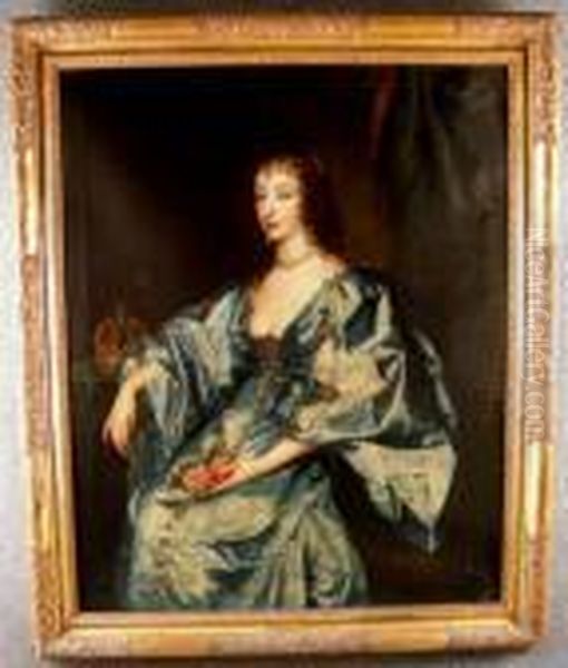 ''ritrattodella Regina Henrietta
Maria, Seduta, Vista Da Tre Quarti, In Vestedi Velluto Blu Rifinito Con
Importanti Gioielli, A Fianco Unacorona E In Mano Bouquet Di Fiori'' - view 1