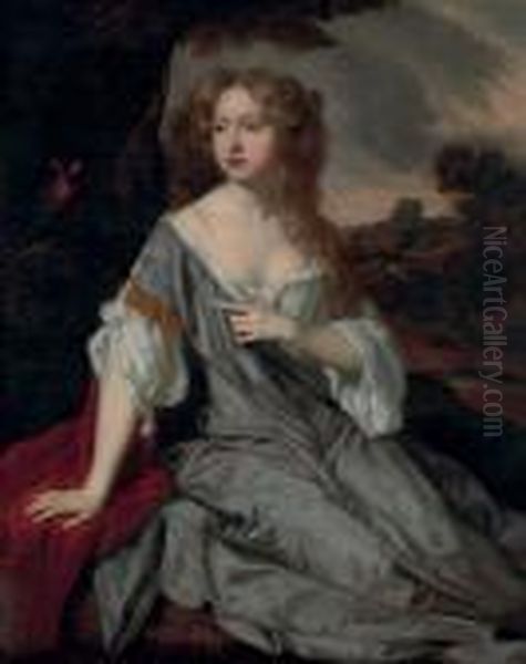 Portrait Of A Lady, Identified
As Mrs. Lucy Loftus, Three-quarter-length, In A Blue Silk Dress, A
Landscape Beyond - view 1