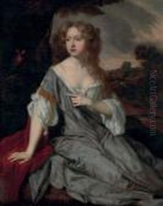Portrait Of A Lady, Identified
As Mrs. Lucy Loftus, Three-quarter-length, In A Blue Silk Dress, A
Landscape Beyond by Sir Peter Lely