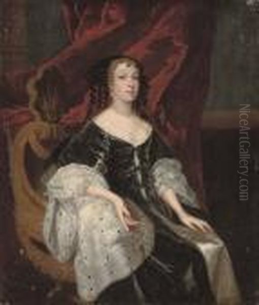Portrait Of A Lady, 
Three-quarter-length, Seated In A Black Dress And Ermine Cloak, A Red 
Curtain Beyond - view 1