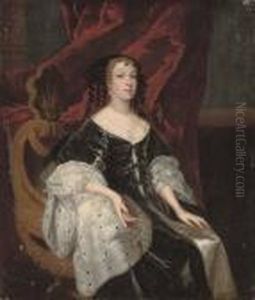 Portrait Of A Lady, 
Three-quarter-length, Seated In A Black Dress And Ermine Cloak, A Red 
Curtain Beyond by Sir Peter Lely