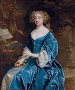 Portrait Of A Lady, 
Three-quarter-length, In A Blue Gown, Holding A Daisy Chain, In A 
Landscape