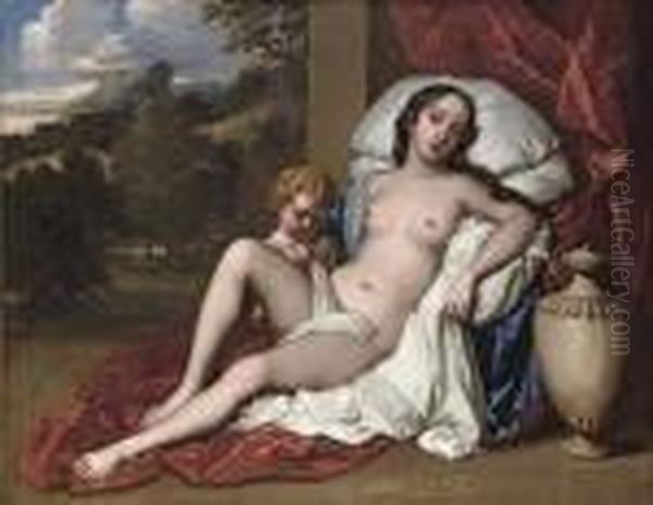 Portrait Of A Young Woman And
Child, As Venus And Cupid, The Young Woman Almost Certainly Either
Barbara Villiers, Countess Of Castlemaine, And Duchess Of Cleveland
(1640-1709), Or Nell Gwyn (1650-1687), Full-length, Naked, Beside An
Urn, A Landsc - view 1