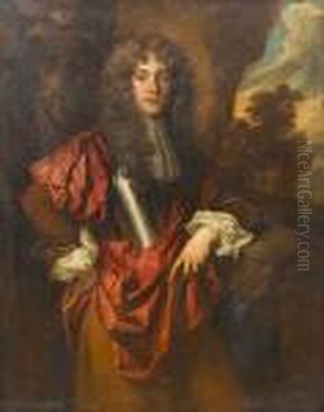 Portrait Of A Gentleman,
Three-quarter-length, In A Breastplate With A White Lace Jabot And A Red
Wrap, A Landscape Beyond - view 1