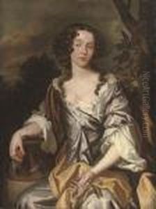 Portrait Of A Lady, Seated,
Three-quarter-length, In An Oyster Satin Dress And Yellow Mantle, A
Sprig Of Orange Blossom In Her Left Hand And An Orange In Her Right, By
An Urn, In A Landscape by Sir Peter Lely