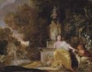 A Lady, Seated By A Fountain