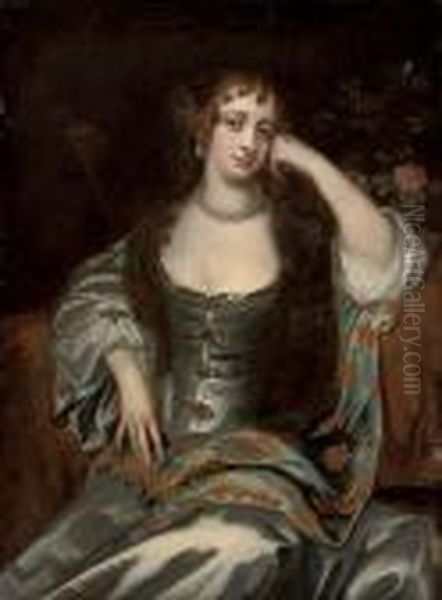 Portrait Of A Lady,
Three-quarter-length, Seated In An Oyster Satin Dress With A Jewelled
Bodice, And A Blue And Gold Embroidered Wrap, Wearing A Pearl Necklace
And Earrings, By A Rose Bush, In A Landscape - view 1