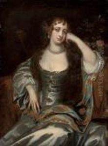 Portrait Of A Lady, 
Three-quarter-length, Seated In An Oyster Satin Dress With A Jewelled 
Bodice, And A Blue And Gold Embroidered Wrap, Wearing A Pearl Necklace 
And Earrings, By A Rose Bush, In A Landscape