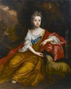 Portrait Of A Young Girl As A 
Shepherdess, In A Gold Dress With A White Chemise And A Scarlet Wrap, 
Seated In A Landscape Beside A Lamb
