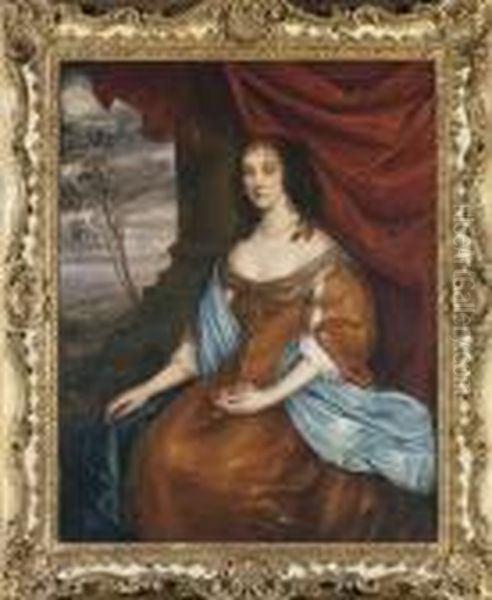 Portrait Of A Lady, Seated
Three-quarter-length, In A Gold Dresswith A Blue Shawl, Before A Red
Drape, In A Landscape - view 1
