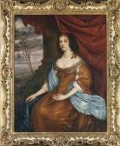 Portrait Of A Lady, Seated 
Three-quarter-length, In A Gold Dresswith A Blue Shawl, Before A Red 
Drape, In A Landscape