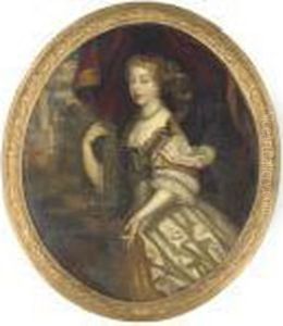 Portrait Of A Lady, 
Three-quarter Length, In A White Silk Dress Andpearls, With A Red 
Curtain And Garden Beyond by Sir Peter Lely