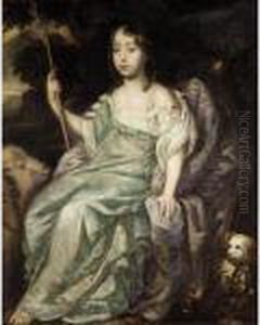 Portrait Of A Girl Holding An Houette, Sheep And A Small Dog Beside Portrait Of A Girl Holding An Houette, Sheep And A Small Dog Beside