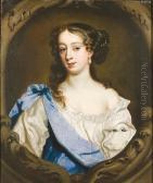 Portrait Of Barbara Villiers, 
Duchess Of Cleveland, Half-length, In A White Chemise And A Blue Wrap, 
In A Painted Cartouche - view 1