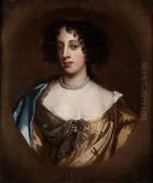 Portrait Of Barbara Villiers, 
Lady Castlemaine And Duchess Of Cleveland, Bust-length, In A Brown Silk 
Dress With A Blue Silk Shawl, In A Painted Oval - view 1