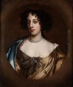 Portrait Of Barbara Villiers, 
Lady Castlemaine And Duchess Of Cleveland, Bust-length, In A Brown Silk 
Dress With A Blue Silk Shawl, In A Painted Oval