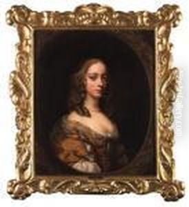 Portrait Of A Lady, Half-length, In An Ochre Dress With A Pearlnecklace, Feigned Oval Portrait Of A Lady, Half-length, In An Ochre Dress With A Pearlnecklace, Feigned Oval