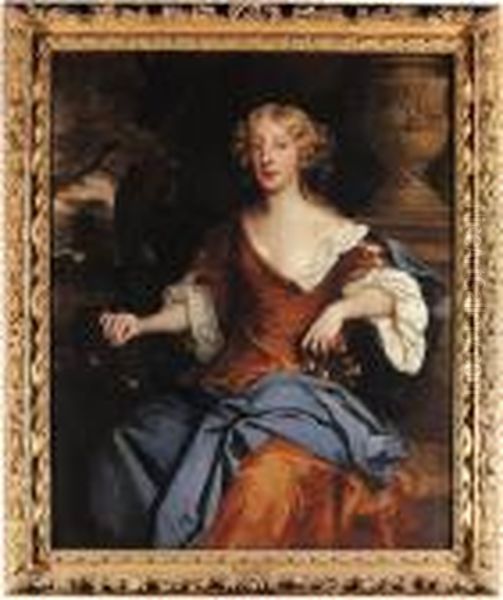 Portrait Of Ann, Lady Hales,
Three-quarter-length, Seated, In Anochre Dress With A Blue Wrap, Holding
A Small Garland Of Flowers Inher Left Hand And A Sprig Of Blossom In
Her Right, Beside Aclassical Urn In A Wooded Landscape - view 1