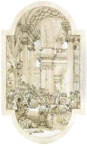 Christ preaching to the Elders Design for a compartment by Giovanni Paolo Pannini