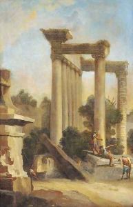 Soldiers conversing amongst classical ruins by Giovanni Paolo Pannini