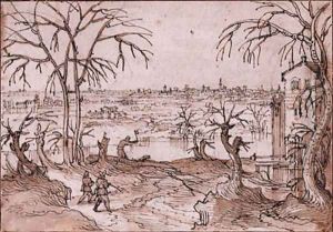 A Winter Landscape with Travellers and a Man chopping Wood by a River, a city beyond by Lodovico Pozzoserrato (see Toeput, Lodewijk)