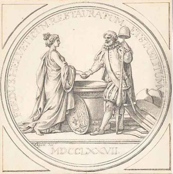 Alliance des corps Helvetiques An allegory of France shaking hands with a landsknecht, over an altar - view 1