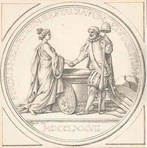 Alliance des corps Helvetiques An allegory of France shaking hands with a landsknecht, over an altar