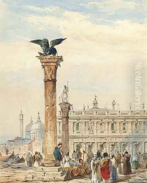 Figures congregating below the Lion Column, on the Piazzetta, Venice - view 1