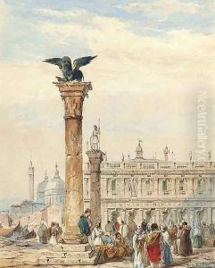 Figures congregating below the Lion Column, on the Piazzetta, Venice by Edward Pritchett