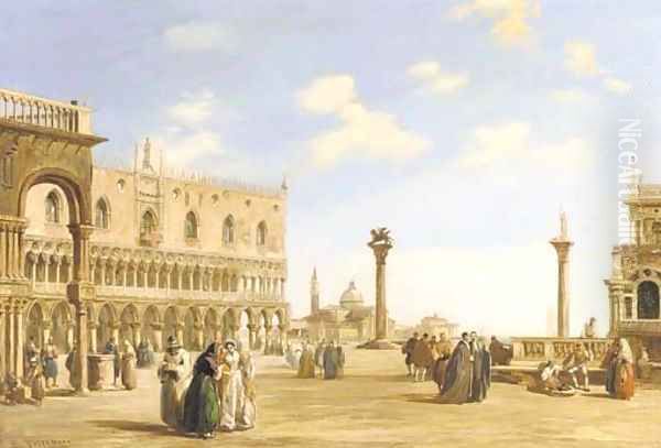 A crowd of spectators near the Doge's Palace looking east to the Church of San Giorgio Maggiore, Venice by Edward Pritchett