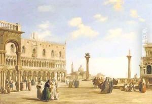 A crowd of spectators near the Doge's Palace looking east to the Church of San Giorgio Maggiore, Venice by Edward Pritchett