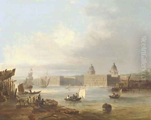 The Royal Naval College, Greenwich, from the Thames, the Royal Observatory beyond - view 1