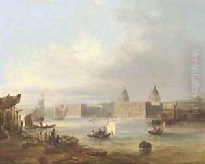 The Royal Naval College, Greenwich, from the Thames, the Royal Observatory beyond