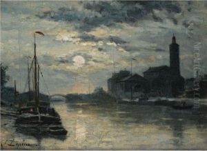 Le Canal De L'ourcq, L'eglise Saint-christophe, Vue Du Quai De Lamarne. Effet De Lune by Stanislas Lepine