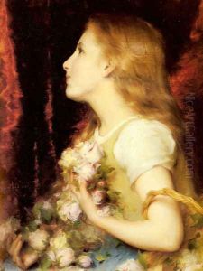 A Young Girl with a Basket of Flowers by Etienne Adolphe Piot