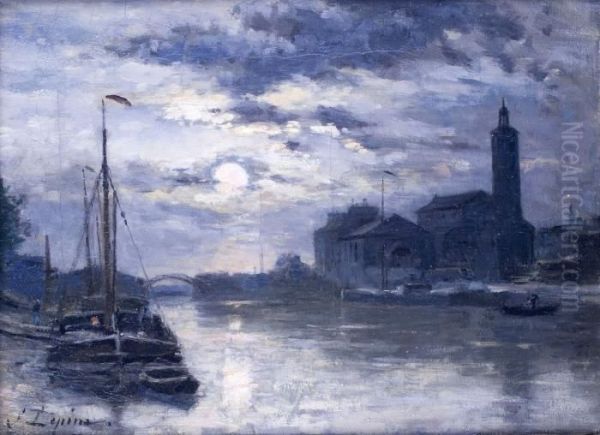 Le Canal De L'ourcq, L'eglise Saint Christophe, Vus Du Quai De La Marne Au Clair De Lune - view 1